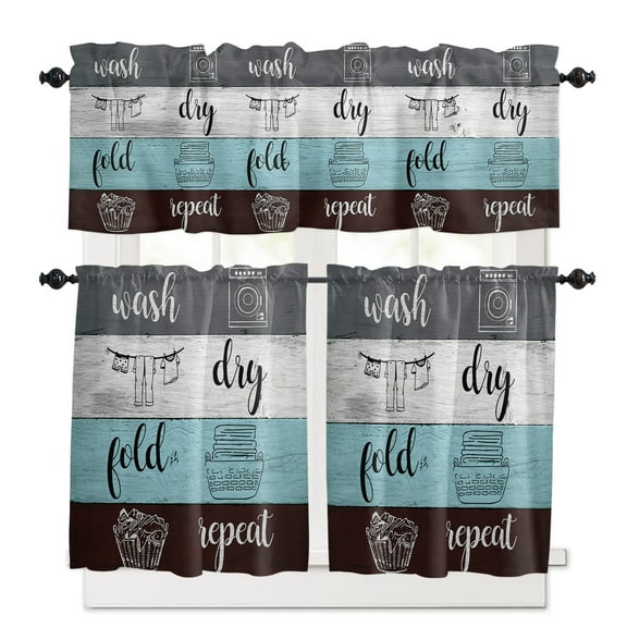 Teal Gray Brown Kitchen Curtains and Valances Set, 3 Piece Kitchen Curtains Set 36 Inch Length, Vintage Art Wooden Retro Rod Pocket Curtains Tier Farmhouse Window Curtains