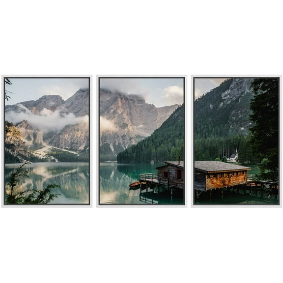 wall26 Framed Wall Art Print Set Cabin on Cloudy Forest Lake Nature Wilderness Photography Realism Rustic Colorful Multicolor Ultra for Living Room, Bedroom, Office - 16"x24"x3 White