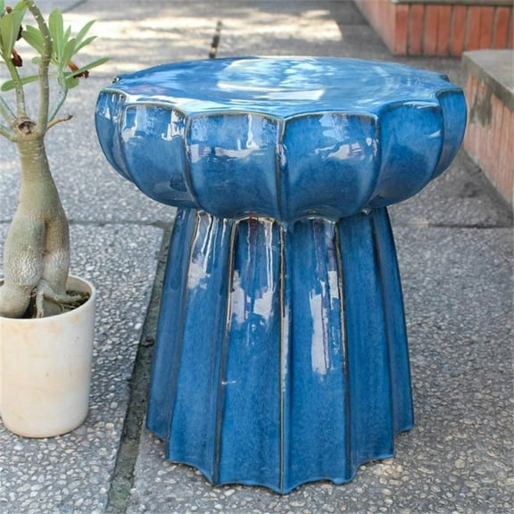 Pemberly Row Round Scalloped Ceramic Garden Stool in Navy Blue
