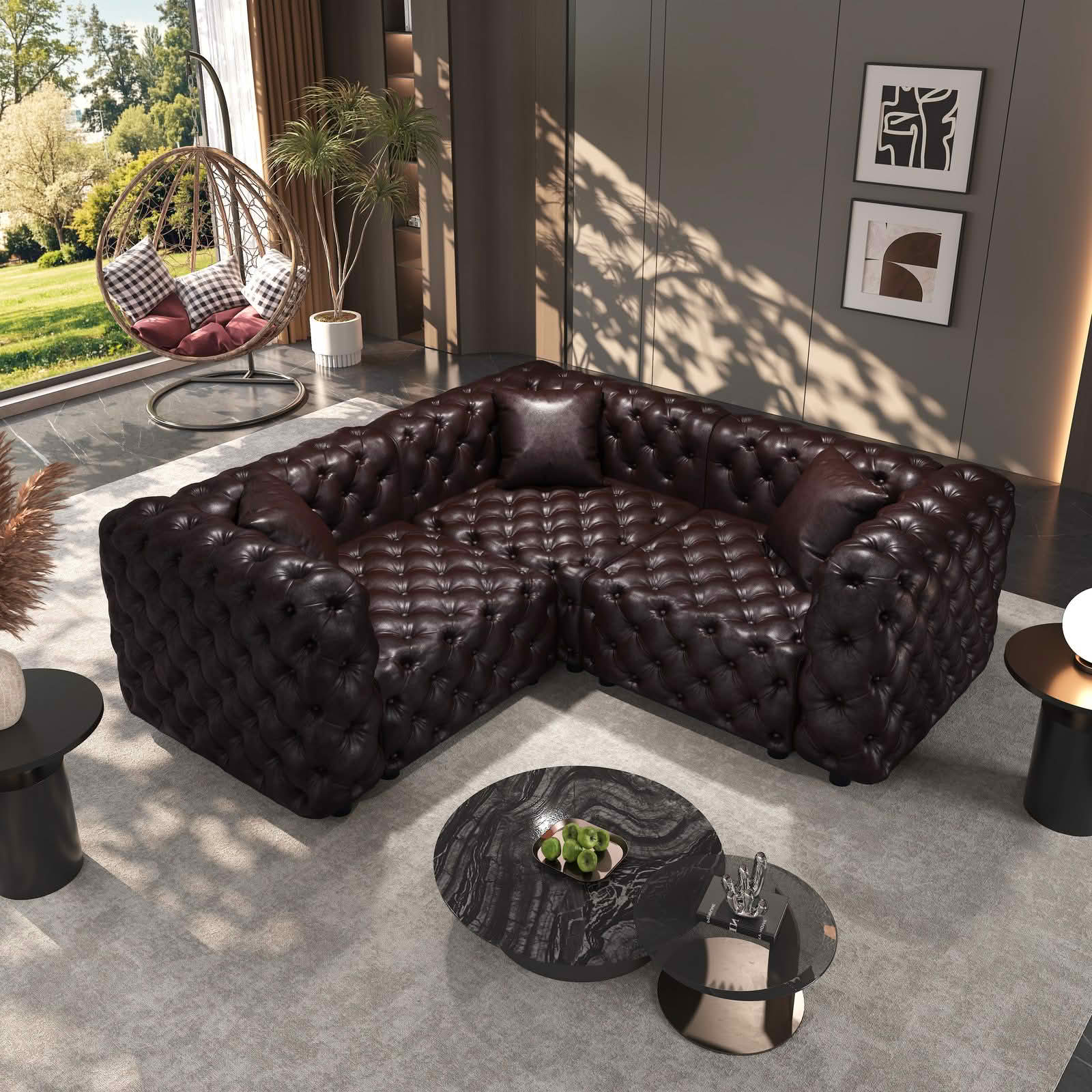 MAYEERTY 75.1 Inch L‑Shape Faux‑Leather 3‑Seat Modular Sofa, Handcrafted Button Tufted Couch with 3 Pillows for Living Room & Small Apartment