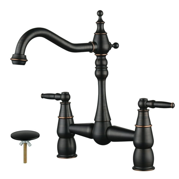 Wowow Brass Bridge Centerset Kitchen Faucet for Sink, 2 Handle 2 Hole 360 Degree Swivel Faucets for Vintage Farmhouse, Oil Rubbed Bronze