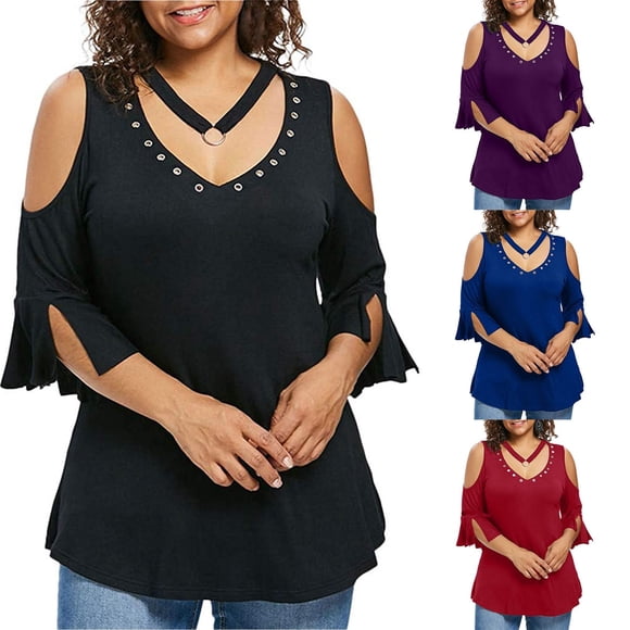 Aboser Goth T Shirts for Women Cold Shoulder Punk Tops Plus Size Womens Clothes Casual Short Sleeve Tee Shirt Loose Fit V Neck Blouses