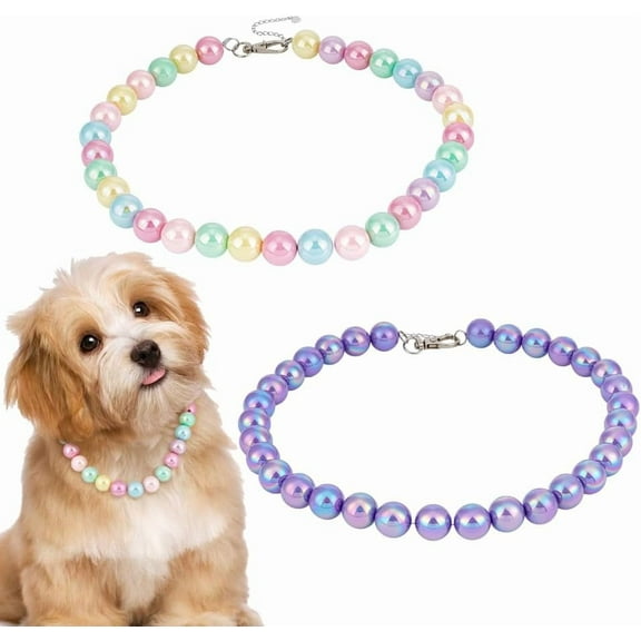2pcs Pet Rainbow Beaded Collar Purple Dog Necklace Adjustable Dog and Cat Necklace Sparkling Colorful Pet Necklace Jewelry Handmade Fancy Dogs Collar for Small Medium and Large Pets-2 Styles Colorful