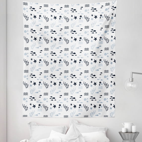 Ocean Blue Tapestry, Starfish Leaves Branches Abstract Waves Sea Weed Shells Marine Illustration, Fabric Wall Hanging Decor for Bedroom Living Room Dorm, 5 Sizes, Multicolor, by Ambesonne