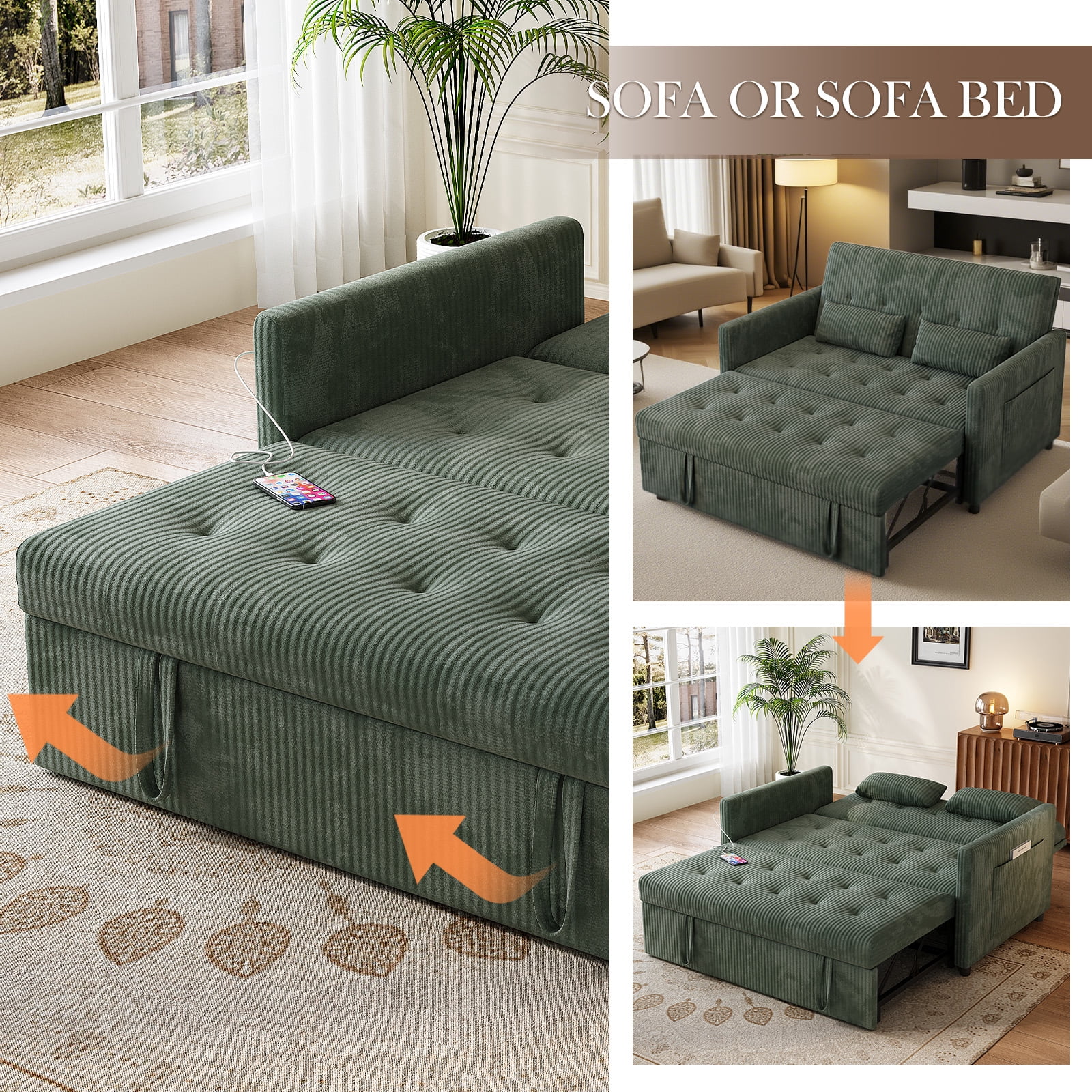 53" Corduroy 3-in-1 Convertible Loveseat Sofa Bed with Pull-Out Sleeper, Adjustable Backrest, USB & Type-C Ports, Storage Pockets, Small Space 2-Seat Couch for Living Room, Bedroom, Apartment, Green