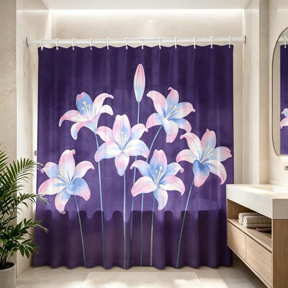 Purple Watercolor Lily Shower Curtain for Bathroom Floral Fabric Shower Curtains with Hooks 71x71 inches