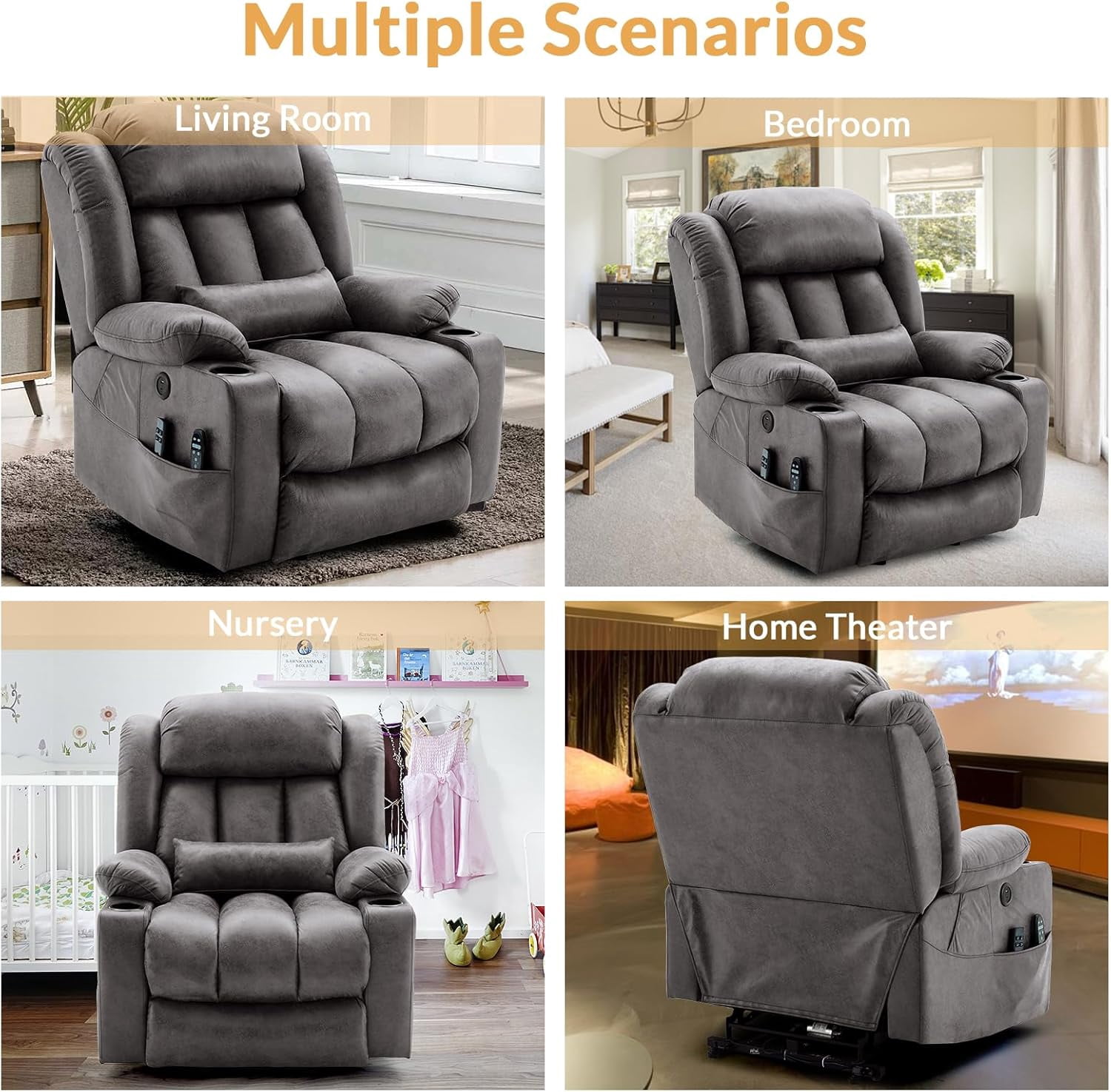 Oversized Dual Motor Power Lift Recliner for Elderly, Extended Footrest, Large Infinite Position Lay Flat Chair for Living Room with Massage & Heat, Lumbar Pillow, USB & Type-C Ports, Gray
