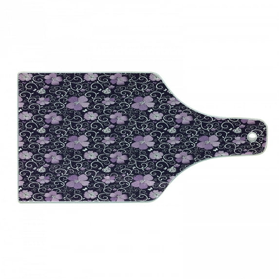 Floral Cutting Board, Butterfly Silhouettes with Plant Flower Patterned Design Swirls Curves, Tempered Glass Cutting and Serving Board, Wine Bottle Shape, Lilac Dark Purple White, by Ambesonne