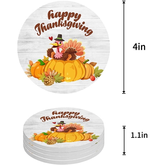 FMSHPON Happy Thanksgiving Turkey and Pumpkin on Wooden Grain Set of 4 Round Coaster for Drinks, Absorbent Ceramic Stone Coasters Cup Mat with Cork Base for Home Kitchen Room Coffee Table Bar Decor
