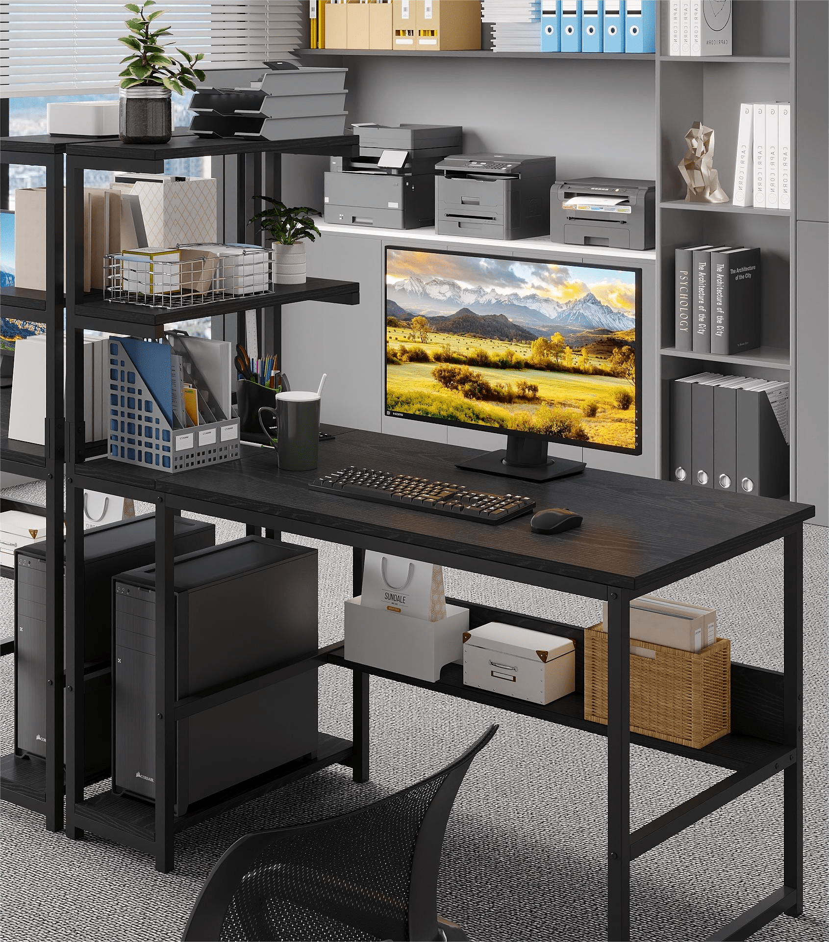 Computer Desk with 4-Tier Storage Shelves, 43.6 inch Modern Large Office Desk Computer Table Studying Writing Desk Workstation with Bookshelf and Tower Shelf for Home Office