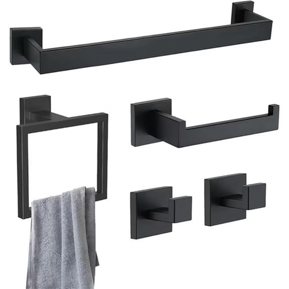 Matte Black 5-Piece Square Bathroom Hardware Set,40cm Towel Bar,Toilet Paper Holder,Towel Ring,and 2 Towel Hooks,SUS 304 Stainless Steel Bathroom Accessories,Wall Mounted Towel Rack Kit(Black)