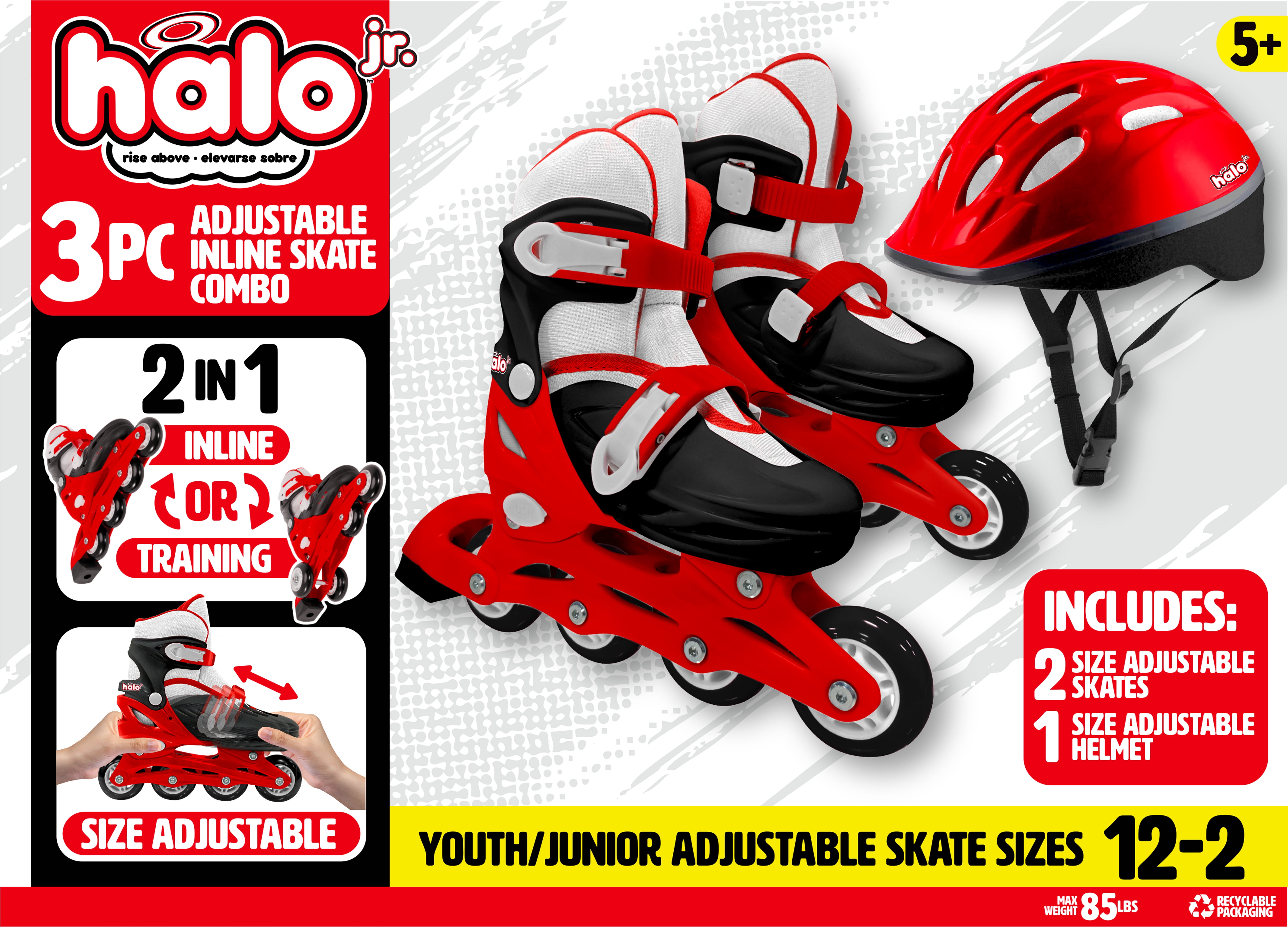 HALO Rise Above Jr. 3-Piece Adjustable Inline Skates Combo Set - Red - Skates and Helmet- Youth-Junior Sizes 12-2
