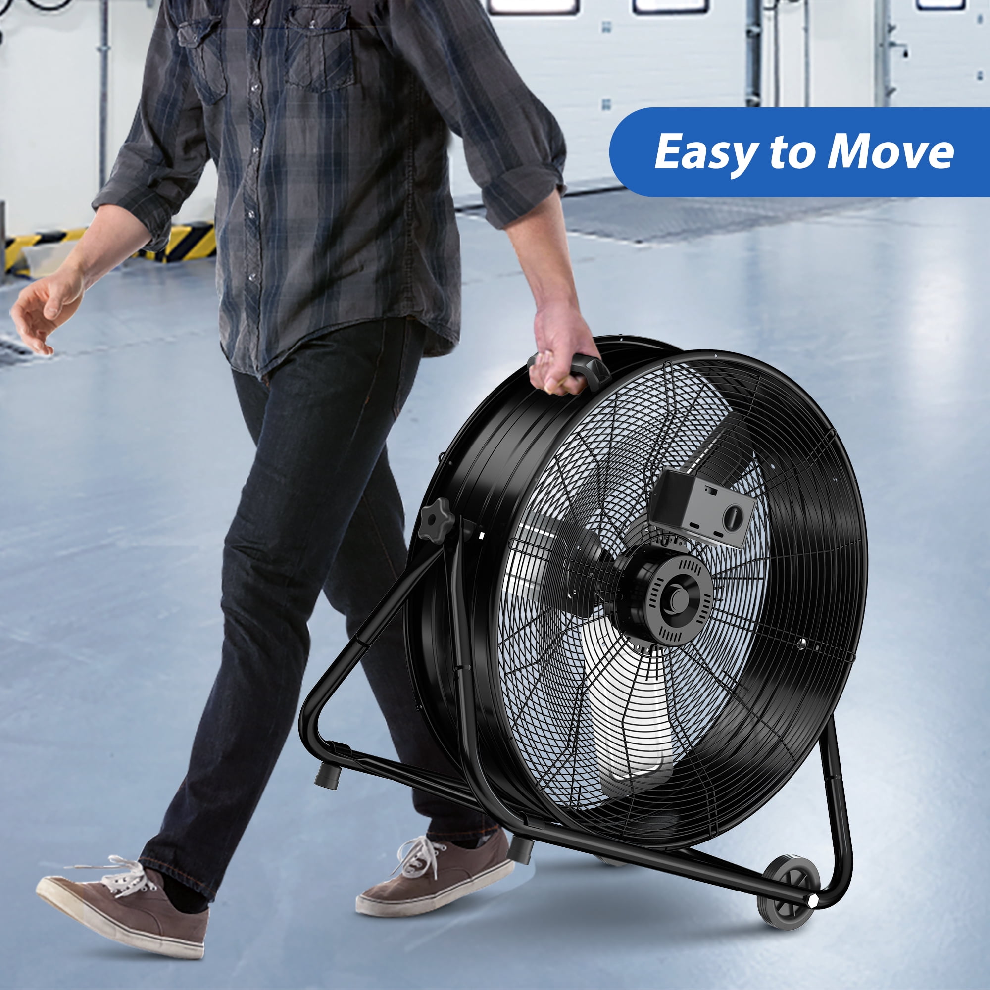LifePlus 24 Inch Industrial Drum Fan, 5620 CFM High Velocity Floor Fan, 3-Speed Heavy Duty Air Circulator, Black Commercial Fan for Warehouse, Workshop, and Garage Cooling