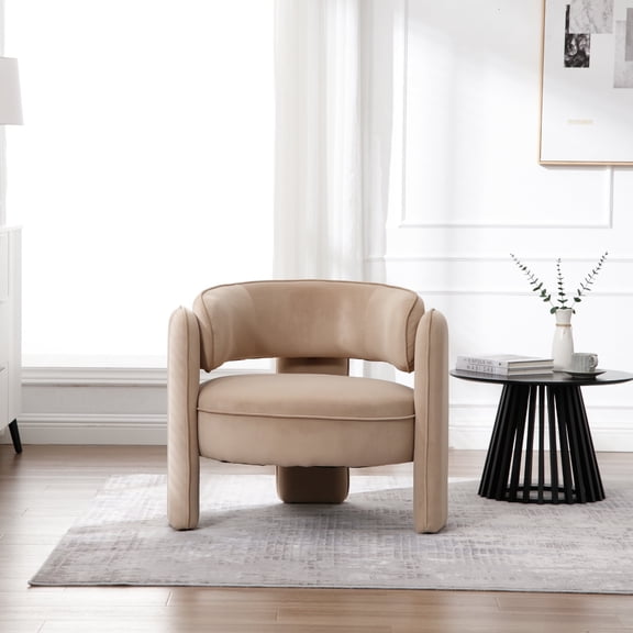 Guyou Modern Barrel Accent Chair, Velvet Upholstered Round Armchair, Comfy Side Club Chair Casual Single Sofa Chair for Living Room Bedroom, Khaki