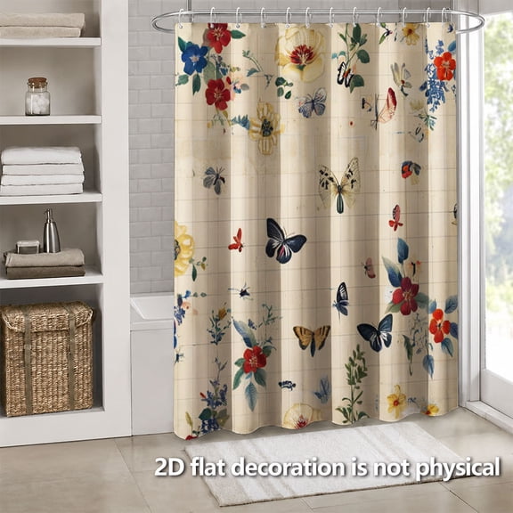Hoease Vintage Grid Butterfly Floral Shower Curtain, 71W x 71L Inch Waterproof Fabric Bathroom Curtain with 12 Hooks, Antique Botanical Bath Decor