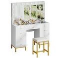 thumbnail image 2 of Dextrus Vanity Table Set with 3 Color Lighted Mirror & 9 Drawers , Modern Makeup Desk with Charging Station & Stool, Makeup Vanity Dressing Table for Bedroom for Women Girls, White & Gold, 2 of 12