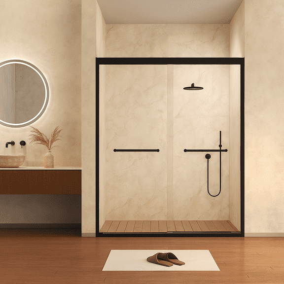 56-60 " x 72" Tempered Glass with Explosion Proof Film, Aluminum Frame Double Sliding Shower Door, "1/4 (6 mm), Stainless Steel handle, Matte Black