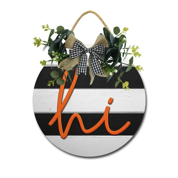 Hi Front Door Sign Funny Wreaths Hanging Wooden Plaque Decoration Round Rustic Wood Farmhouse Porch Decor for Home Front Door Decor, 11 x 11 Inch