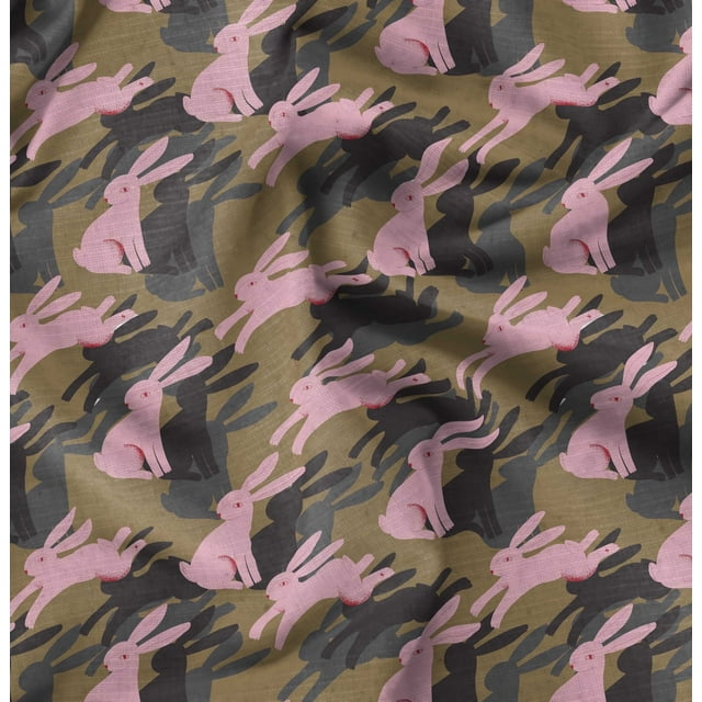 Soimoi Brown Silk Fabric Bunny Rabbit Animal Printed Fabric 1 Yard 42 Inch Wide