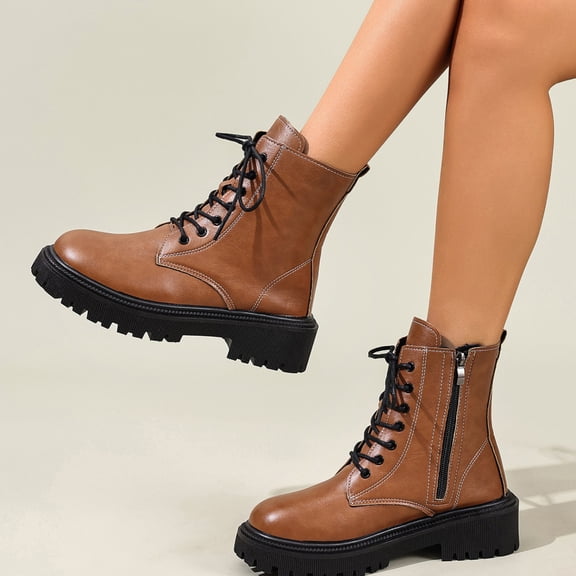 Women's Platform Combat Boots Stylish Fashion Lace-Up Ankle Short Bootie with Glitter Floral Print Punk Motorcycle Leather Boots for Fall Winter