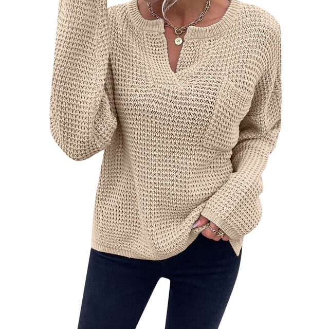 Innerwin Chandails Tricotés Manches Longues Chandail pour Femme Travail Col en V Maille Chandail Beige TP