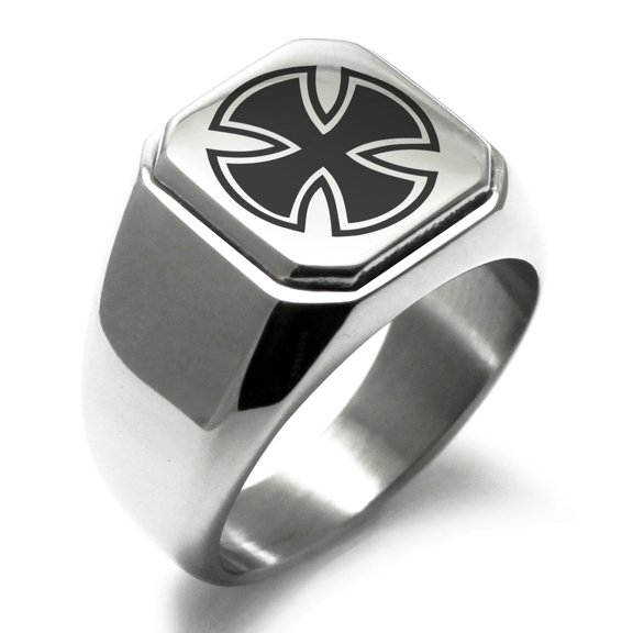 Stainless Steel Pattee Iron Cross Circlet Engraved Square Flat Top Biker Style Polished Signet Ring