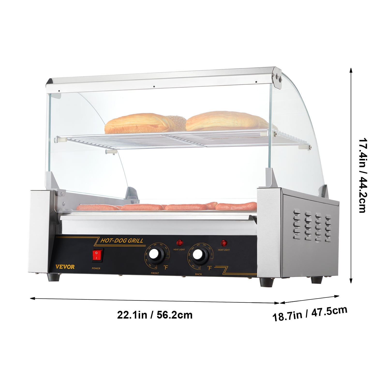 VEVOR Hot Dog Roller,11 Rollers 30 Hot Dogs Capacity, 1650W Stainless Sausage Grill Cooker Machine with Dual Temp Control Glass Hood Acrylic Cover Bun Warmer Shelf Removable Drip Tray, ETL Certified