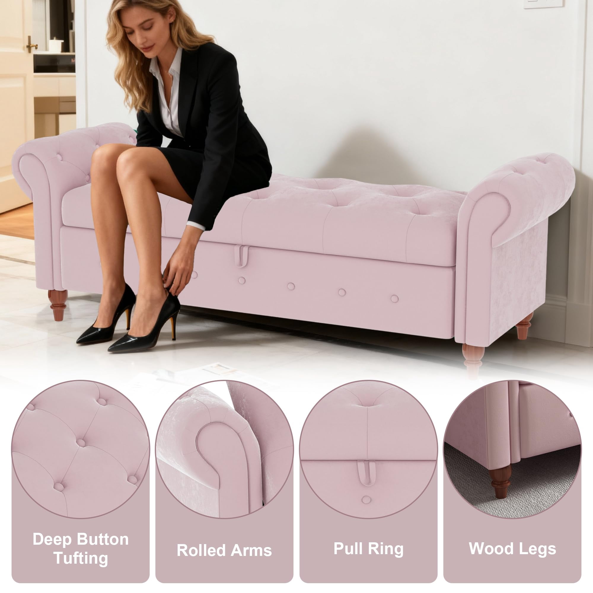 Tmsan 63" Modern Storage Ottoman Bench, Bedroom End of Bed Upholstered Benches, Window Footrest Stool,for Living Room, Entryway, Pink (Velvet)