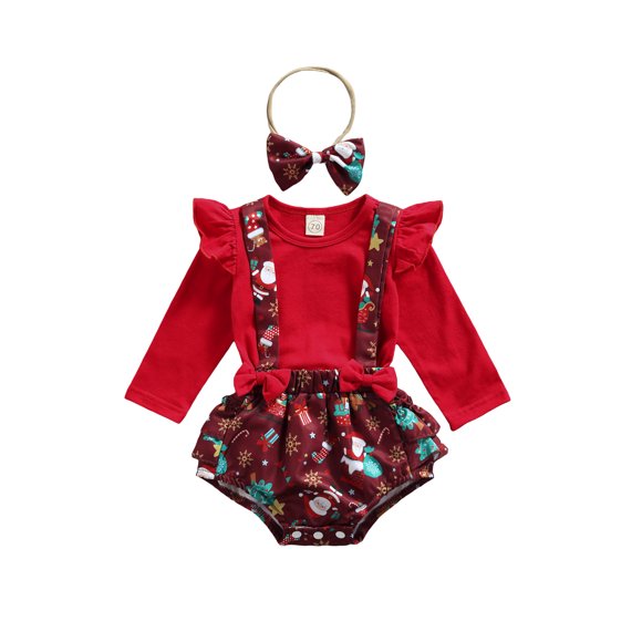 Xingqing Newborn Baby Girl Christmas Outfit Ruffle Long Sleeve Tops Santa Claus Suspender Shorts Headband Fall Clothes