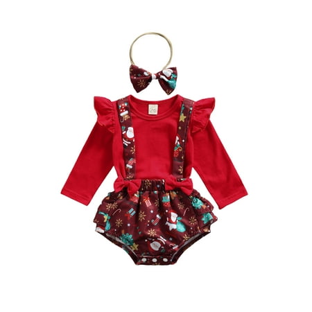 

Canrulo Newborn Baby Girl Christmas Outfit Ruffle Long Sleeve Tops Santa Claus Suspender Shorts Headband Fall Clothes Red 0-3 Months