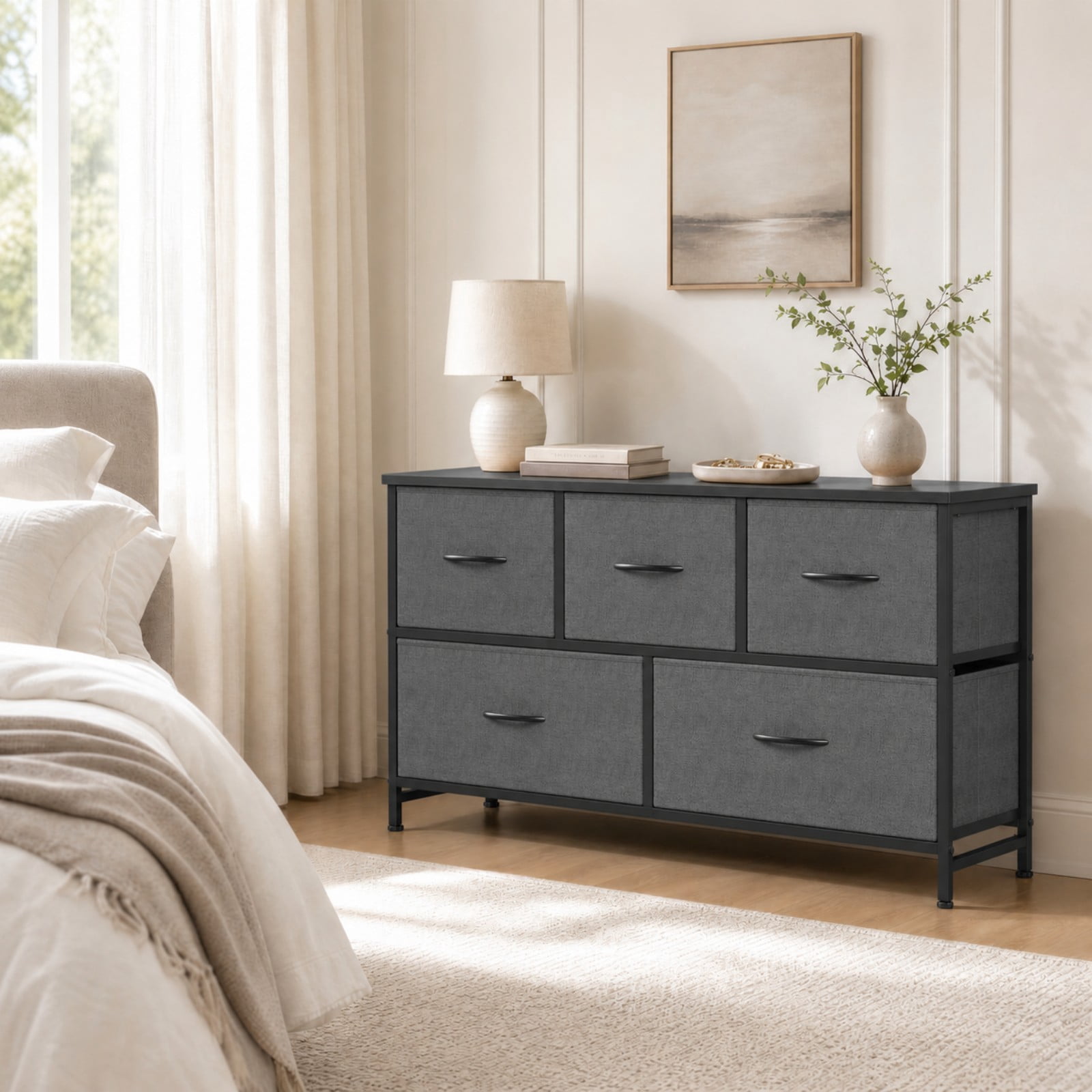 Telyra 5-Drawer Fabric Dresser TV Stand Organizer with Wood Top and Metal Frame, Gray