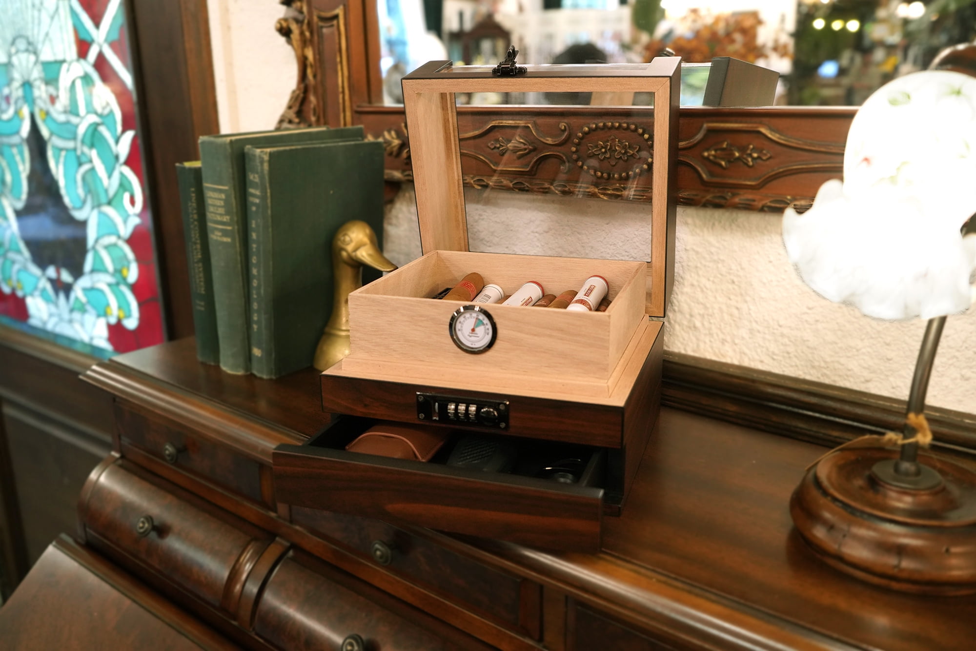 Wudytim Handcrafted Humidor Box – Spanish Cedar Lined Storage with 270° View and Accessories drawer (25-60 Cigars)