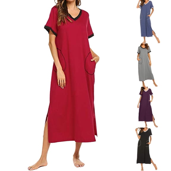 FRSASU Womens Short Sleeve Nightgown Cotton V-Neck Long Nightshirts Full Length Sleep Dress Side Slit Sleepwear with Pockets Red