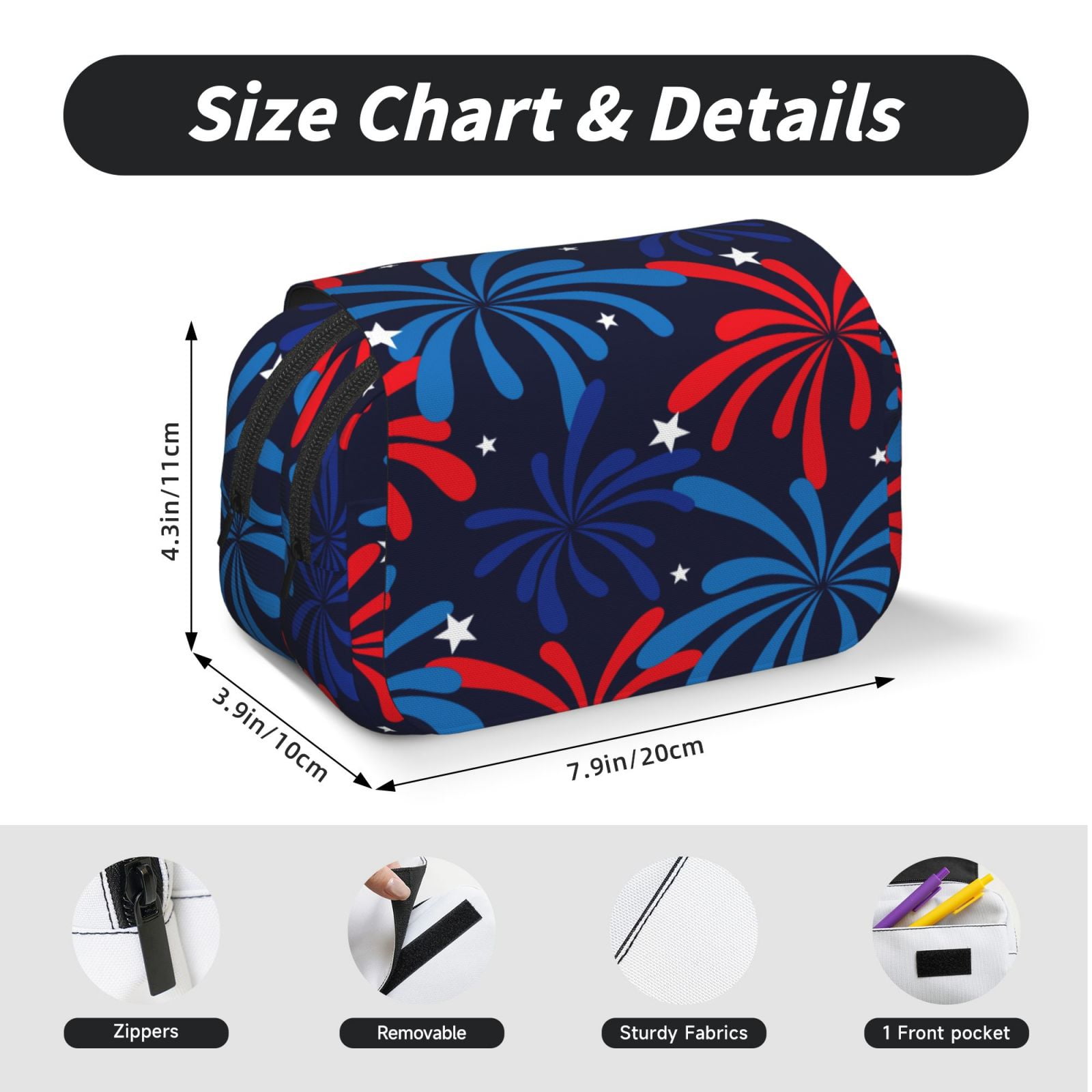 Rateoe Red White Blue Fireworks Pattern Double Clamshell Pen Case, Storage Organizer with Two Zipper Compartments– Holds Up to 50 Pencils & Pens