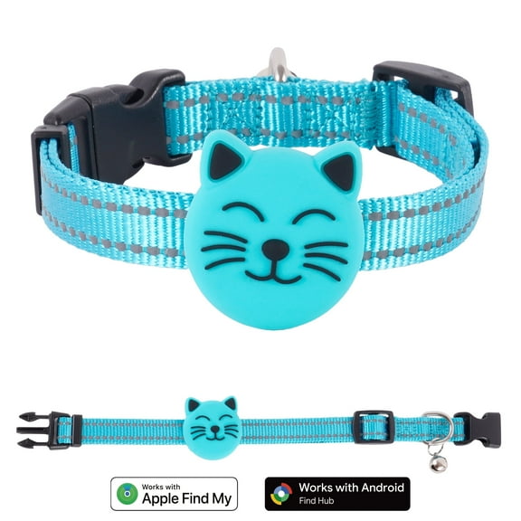 GPS Cat Tracker - No Monthly Cost - Works With iOS/Android - IP68 Waterproof - CR2032 Battery (1  Year) - Adjustable Nylon Necklace - Blue