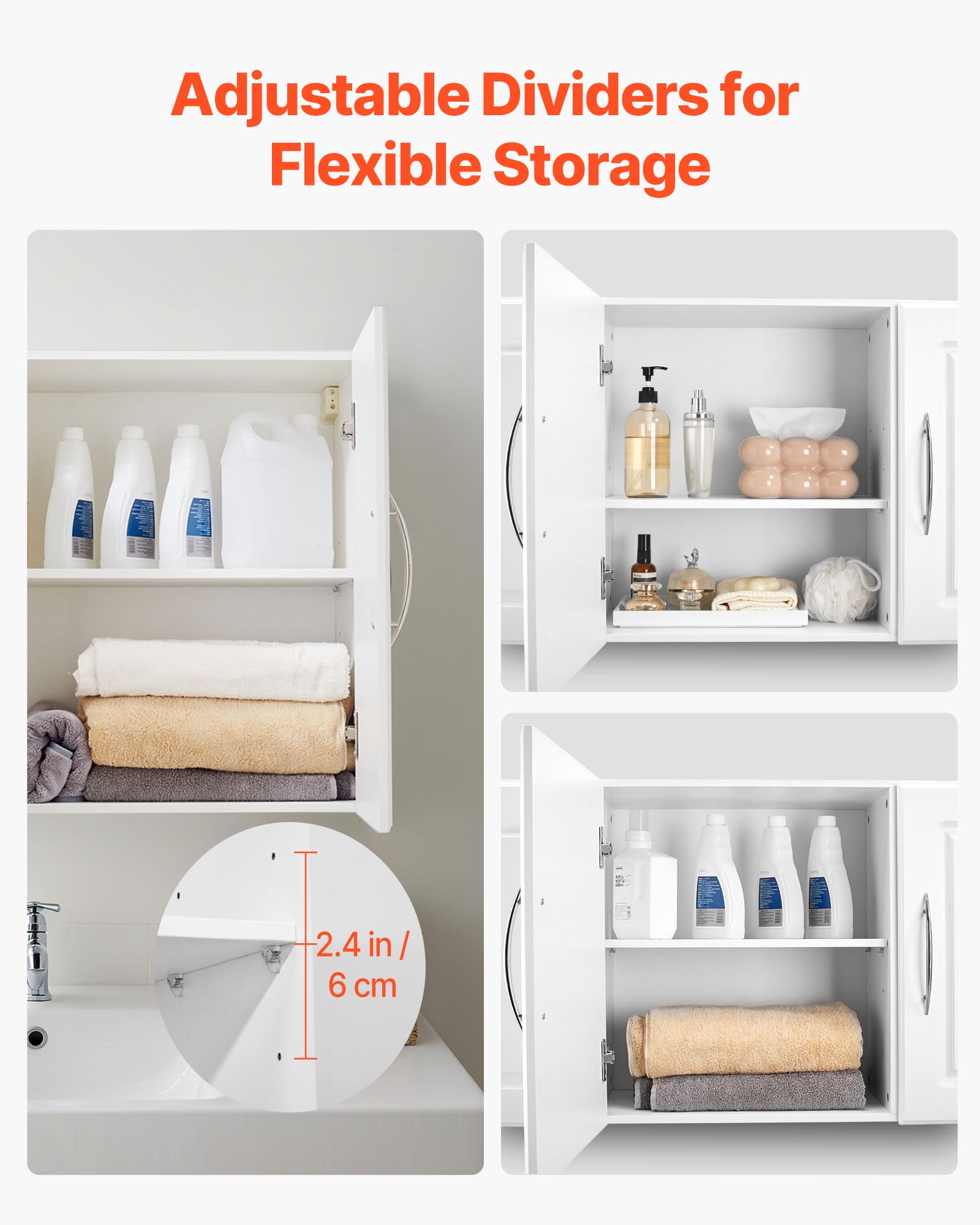 VEVOR Laundry Room Wall Cabinet, 2-Tier Wall Mounted Hanging Cabinet with Adjustable Shelf, Cupboard Storage with 3 Doors, for Kitchen, Bathroom, Laundry, 12.44 x 54 x 20.31 in (D x W x H), White