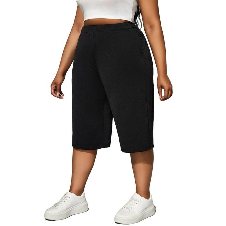 Women's Casual Plain Wide Leg Black Capris Plus Size Pants 4XL (20) 