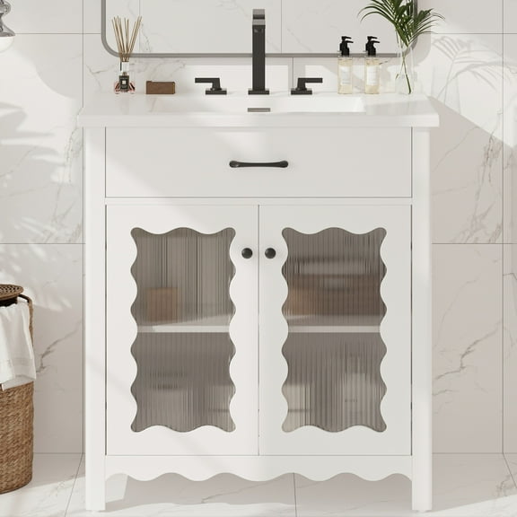 Modern Bathroom Vanity 31" Bathroom Vanity with Tempered Glass, Modern Bathroom Cabinet with Rubber Wood legs and Soft close Doors, White,Wooden Bathroom Vanity