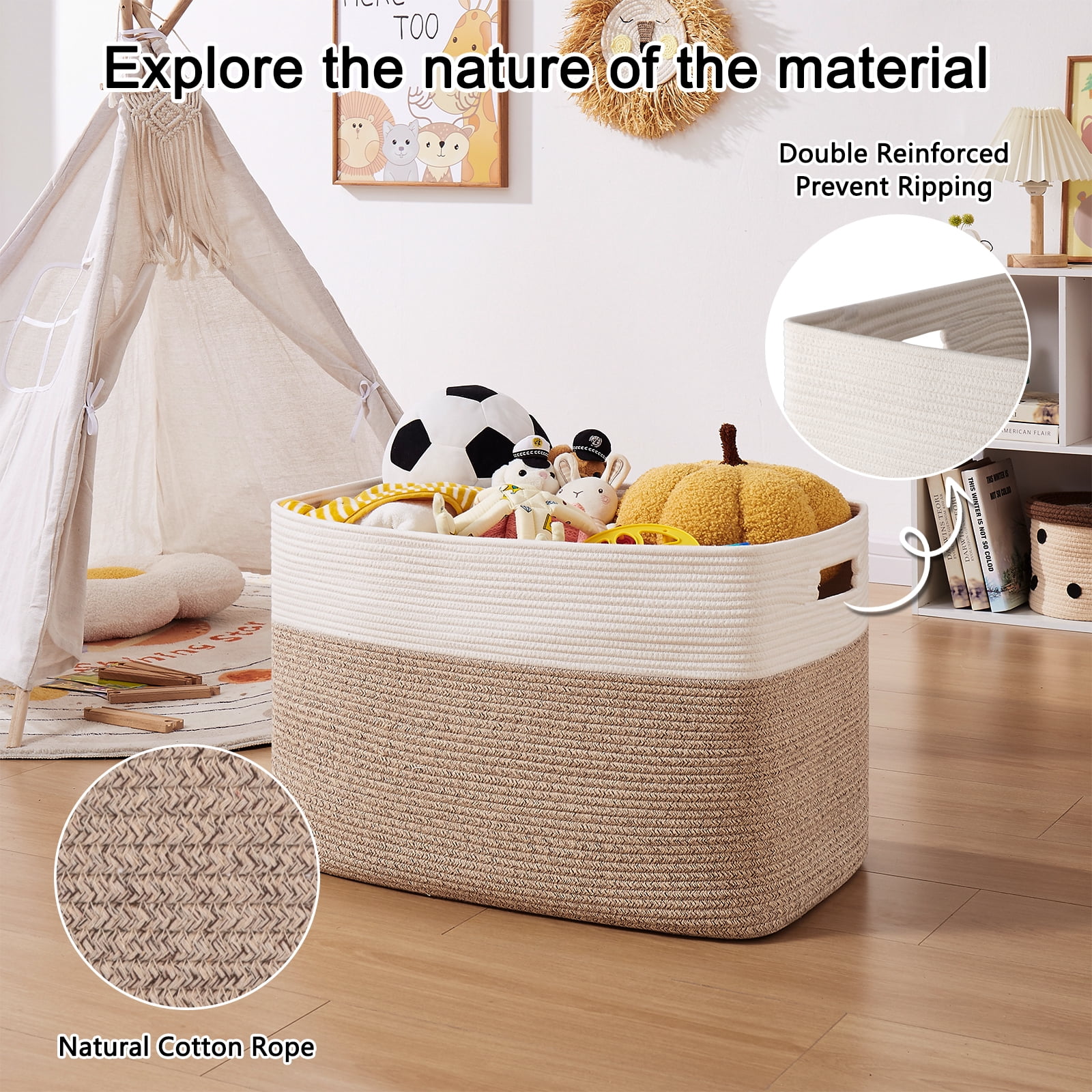CHERISHGARD 100L Large Rectangle Blanket Basket，Cotton Rope Baskets for Storage, Woven Laundry Basket for Toys