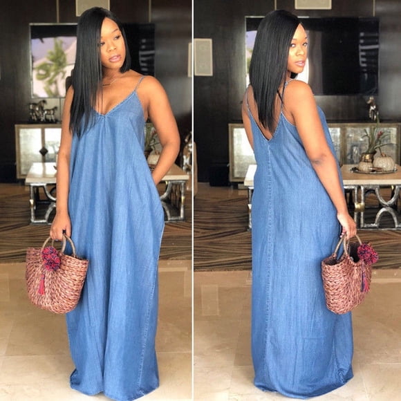 Canis Robe Longue Maxi en Denim Boho à Dos Nu d'Été pour Femme, Robes en Jean pour Femmes