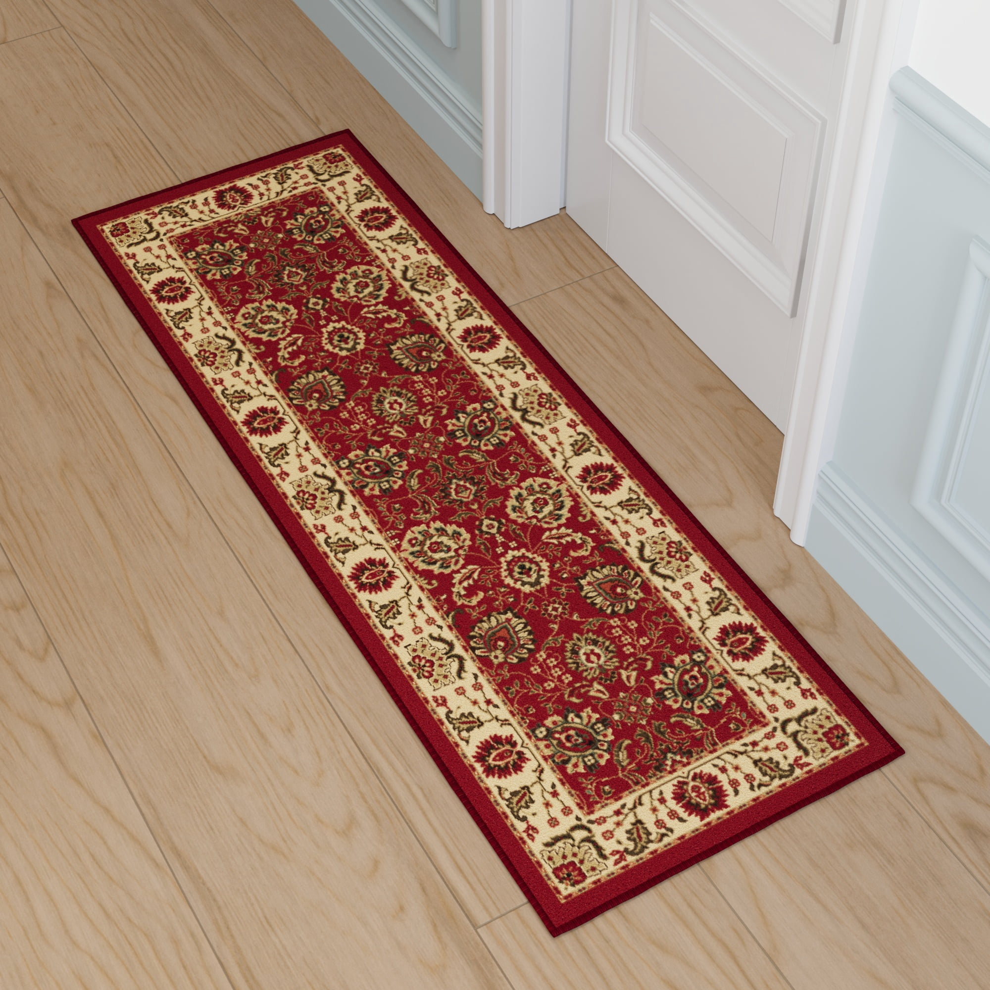 Ottomanson Floral Bathroom Runner Rug 20" x 53" - Non Slip Low Pile Carpet, Red