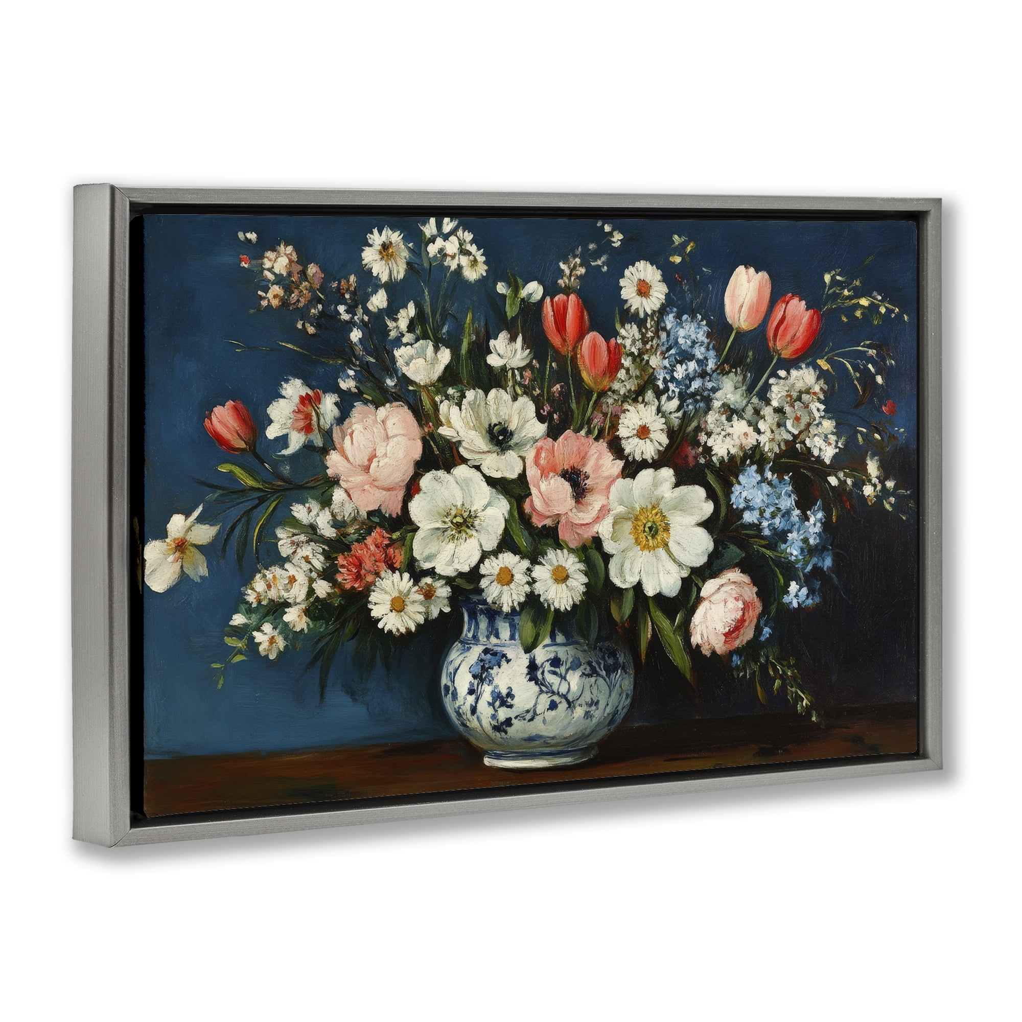 Stupell Industries Colorful Bouquet in Vase Gray Framed Floater Canvas Wall Art, design by Petal Prints Design