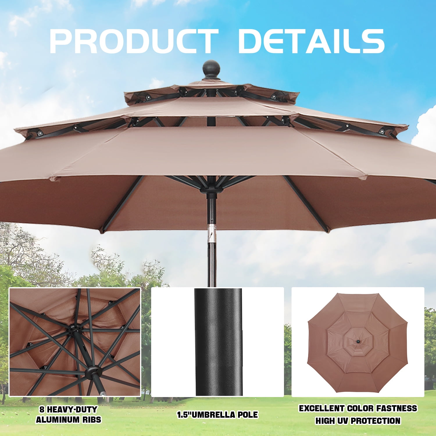 Autlaycil 10ft Brown Outdoor Patio Umbrella with 3 Tiers, Push Button Tilt and Crank for Garden Lawn Backyard Pool