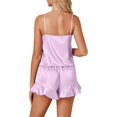 thumbnail image 4 of Women's 3pcs Satin Pajamas Set Cami Top and Shorts Sleepwear PJs Set with Robe,Light Purple, 4 of 5