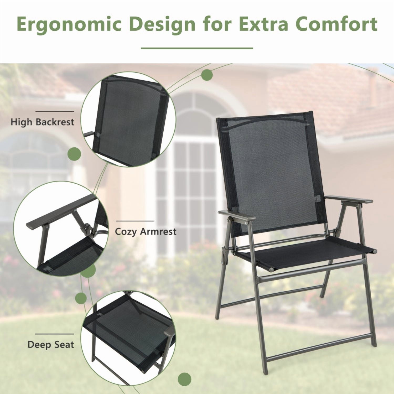 Resenkos 2 Pieces Patio Folding Chairs with Armrests for Deck Garden Yard-Black & Gray, Outdoor Dining Chair for Outside Patio, All Weather, Porch, Garden, Poolside