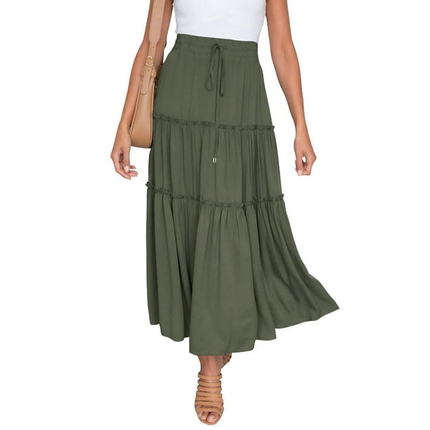Falda larga boho elástica de cintura alta para mujer: con volantes, corte en A, cordón, poliéster, para todas las estaciones, tallas S-XL.