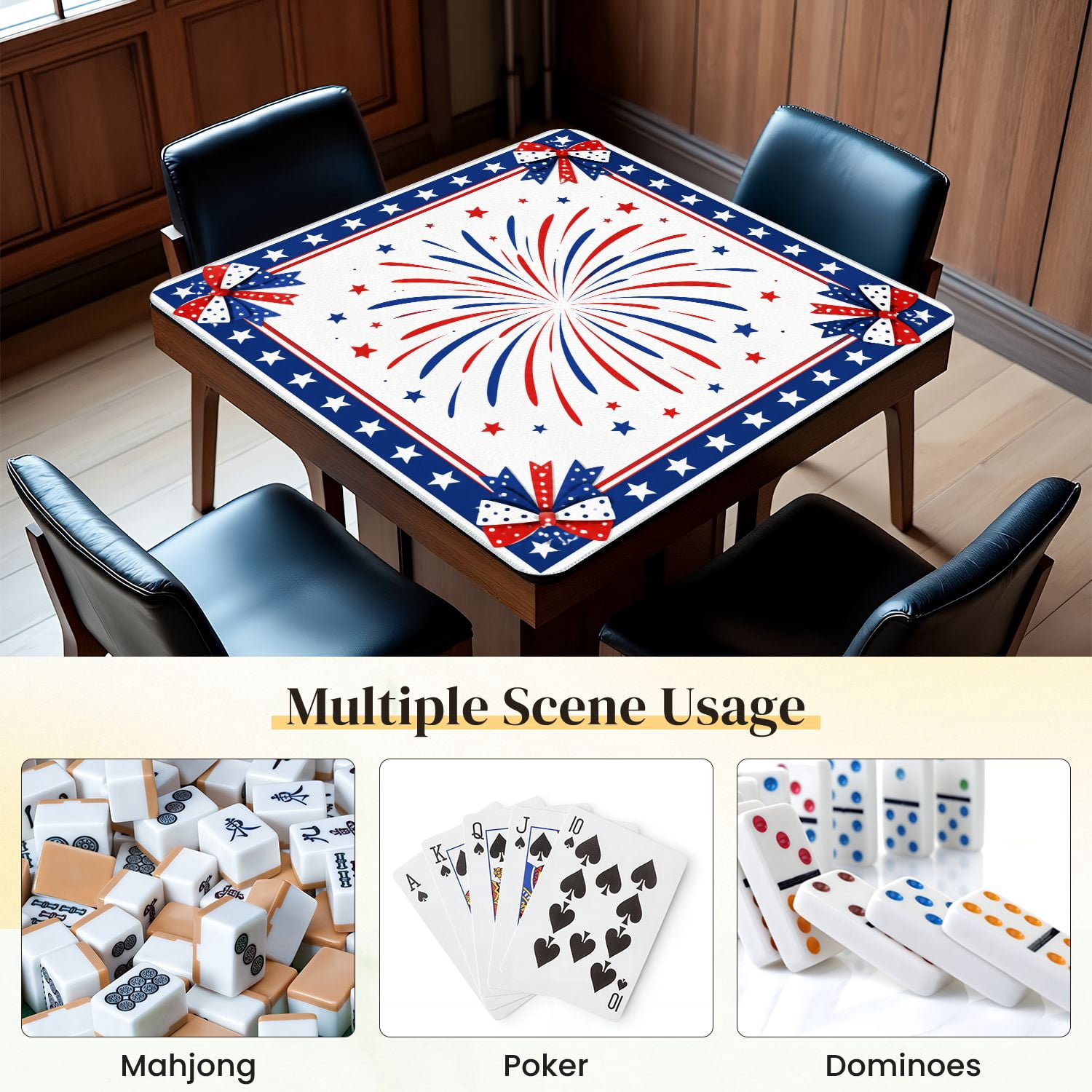 Mahjong Mat 31.5" x 31.5" Red White Blue Patriotic Fireworks Star Border Decorative Bows Non-Slip Noise Reduction Mahjong Tiles Table Cover for Dominoes Poker Card Board and Tile Games