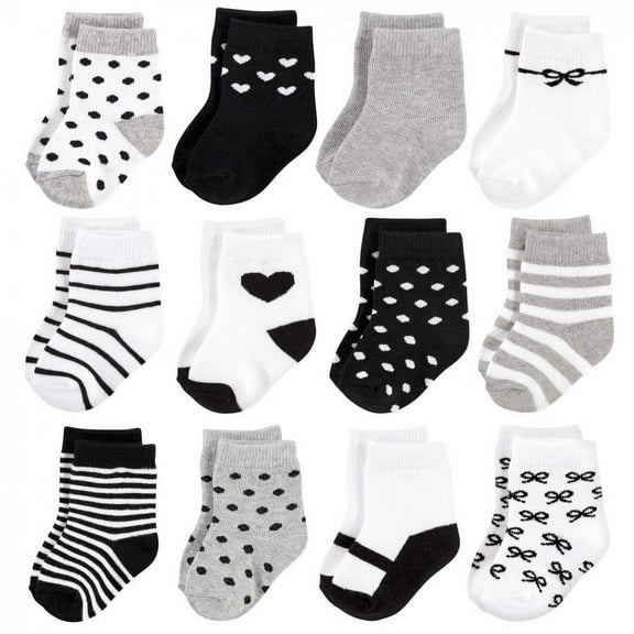 Hudson Baby Infant Girl Cotton Rich Newborn and Terry Socks, Girls Gray Black, 0-6 Months