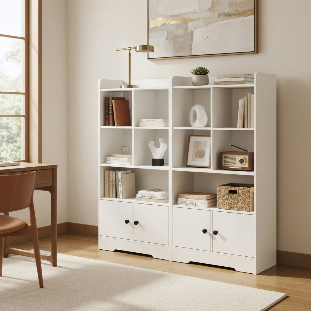 Spaco 4 Tiers Bookshelf with 4 Cubes Display Shelf and 2 Doors-White, Tall Bookshelf, Shelves for Living Room, Home Office, Bedroom, Balcony