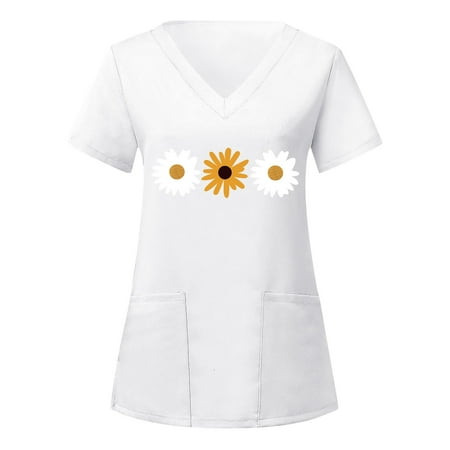 

Independence Day Women s Scrubs Top Print Short Sleeve Loose V Neck Shirts With Pocket Nurse Uniforms Women